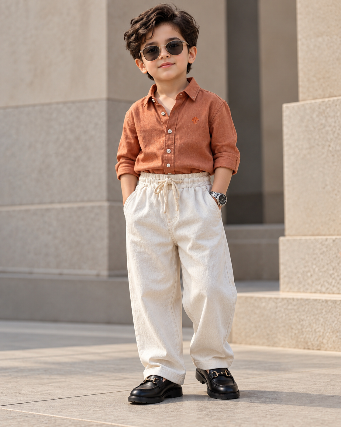 STIM174-01 Boys Full Sleeve Oversized Solid Colour Shirt with Linen Pant Combo