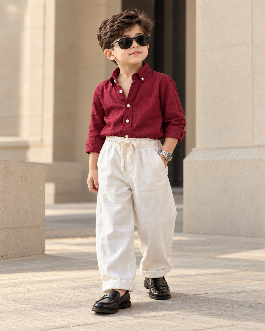 STIM174-03 Boys Full Sleeve Oversized Solid Colour Shirt with Linen Pant Combo