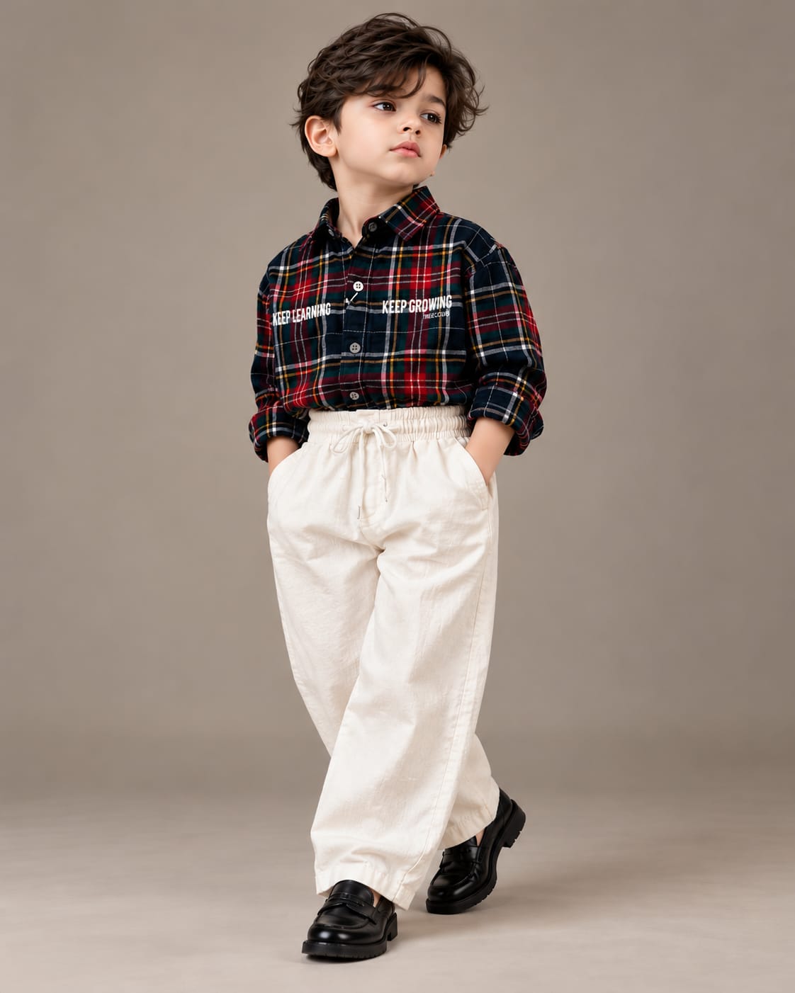 STIM131 Boys Full Sleeve Check Shirt with Linen Pant Set