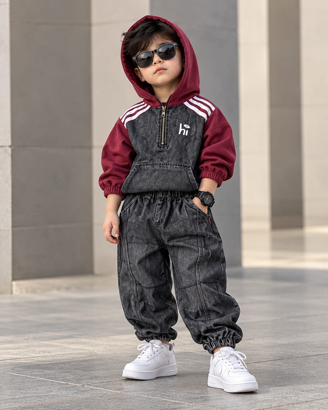 STIM171-01 Unisex Full Sleeve Oversized Hooded Denim Jacket with Pant Set