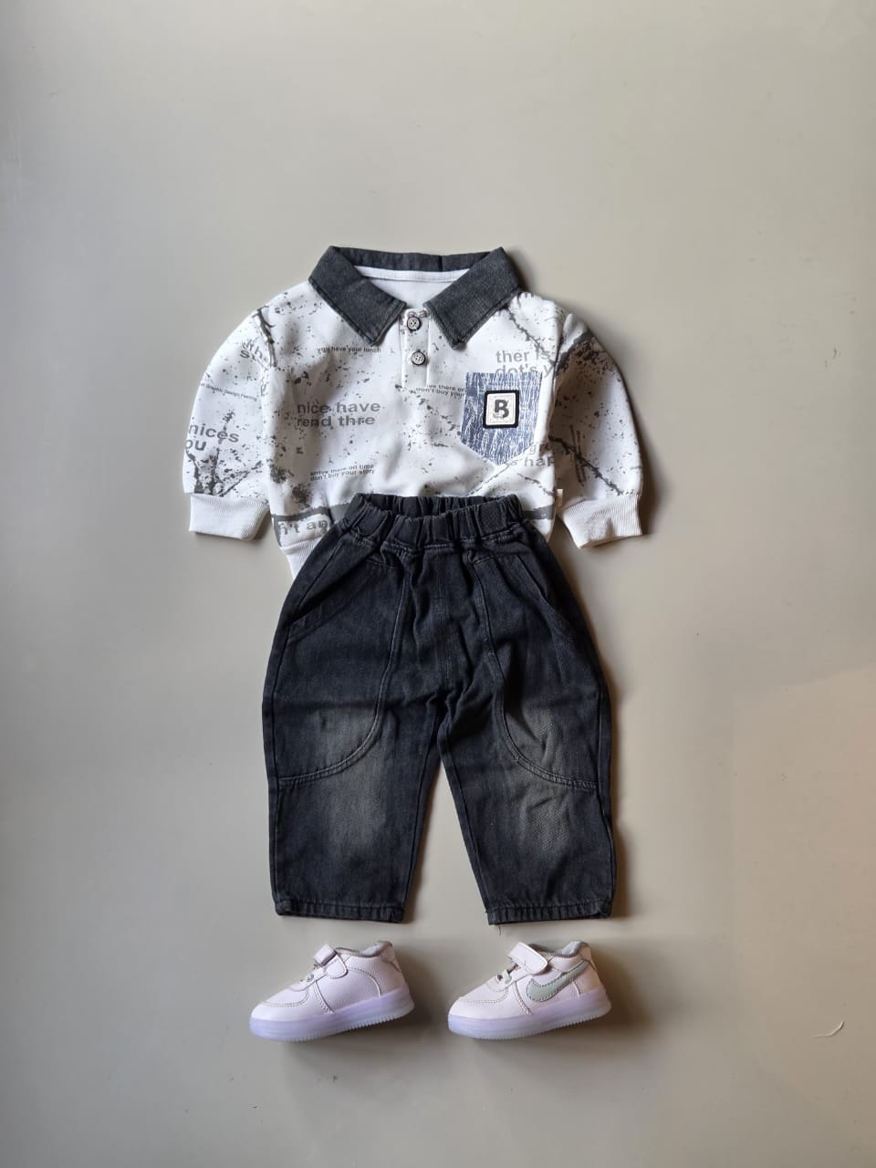 STIM122 Unisex Full Sleeve Oversized Full Sleeve Polo T Shirt and Pant Set White