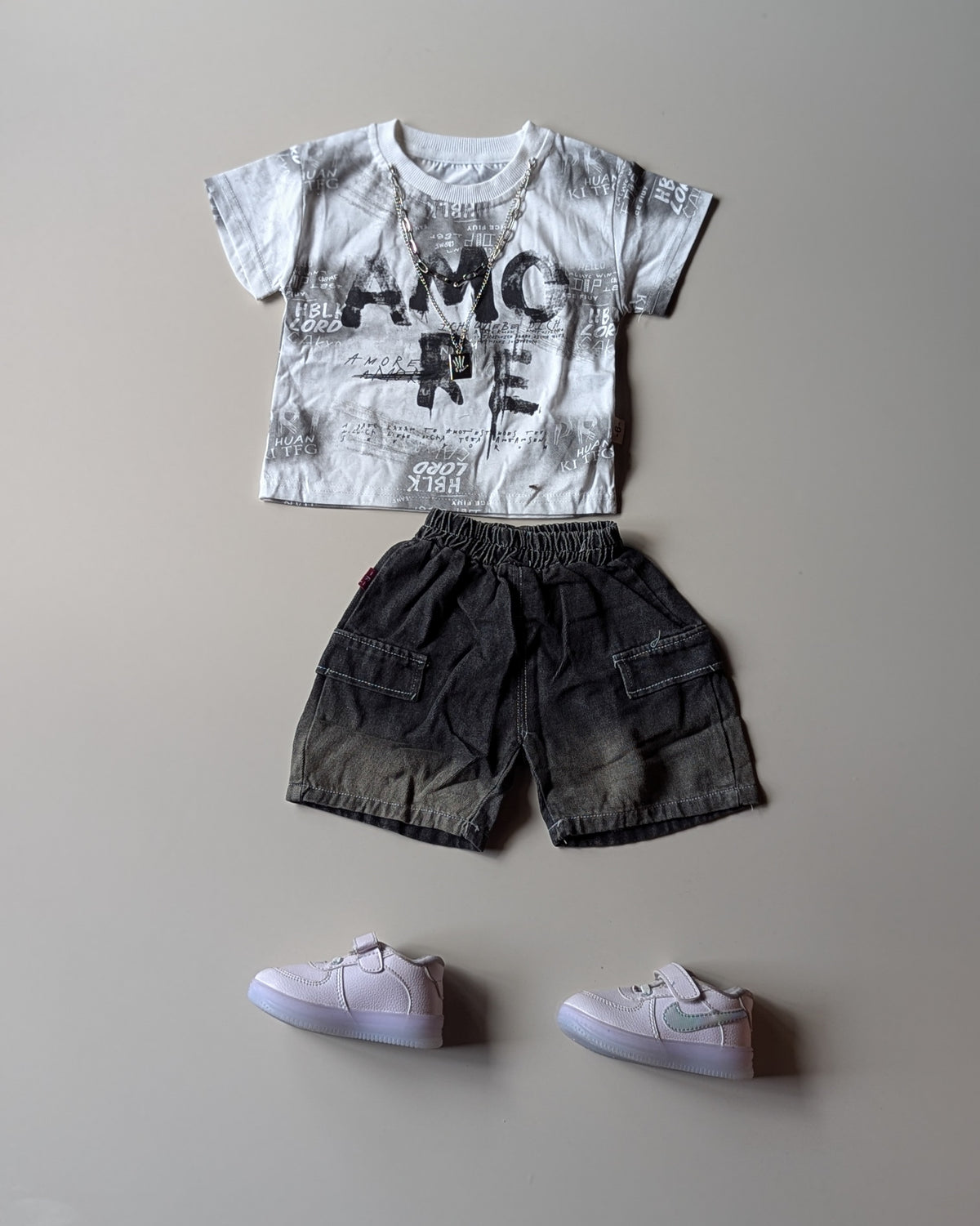 ST107 Unisex Half Sleeve Oversized T Shirt with Attached Chain and Shorts Set
