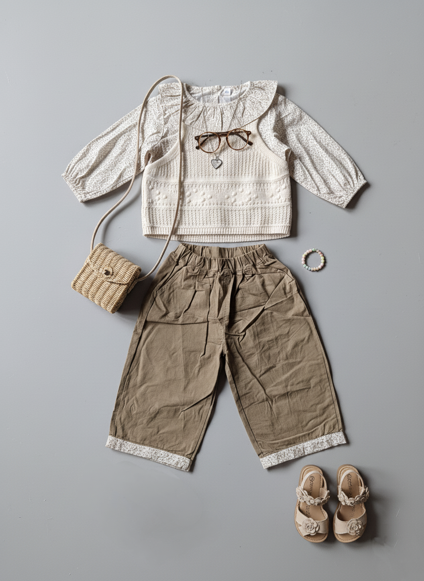 Girl's Full Sleeve Peter Pan Collar Shirt, Knitted Vest and Wide Leg Pant Set