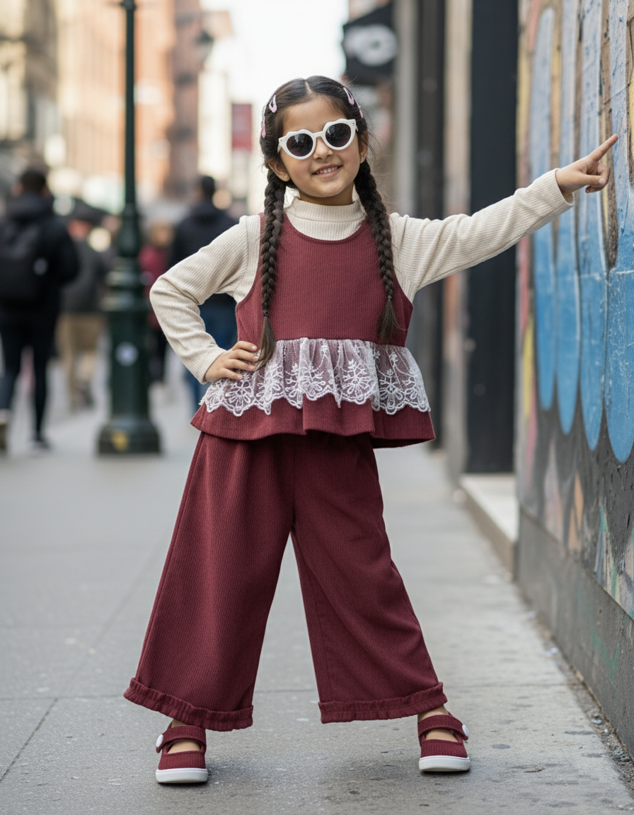 Full Sleeve Inner T Shirt, Vest and Wide Leg Pant Set