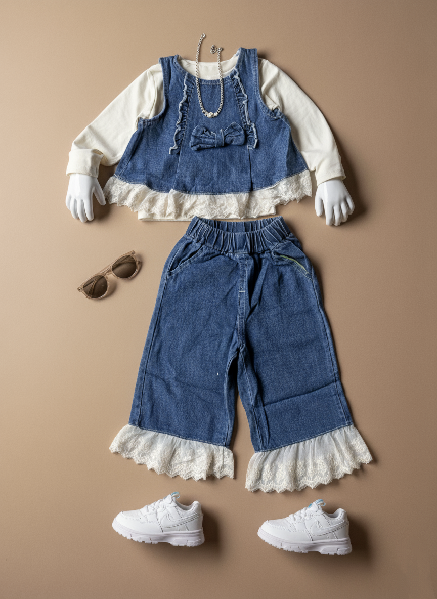 Full Sleeve T Shirt, Denim Vest and Pant Set