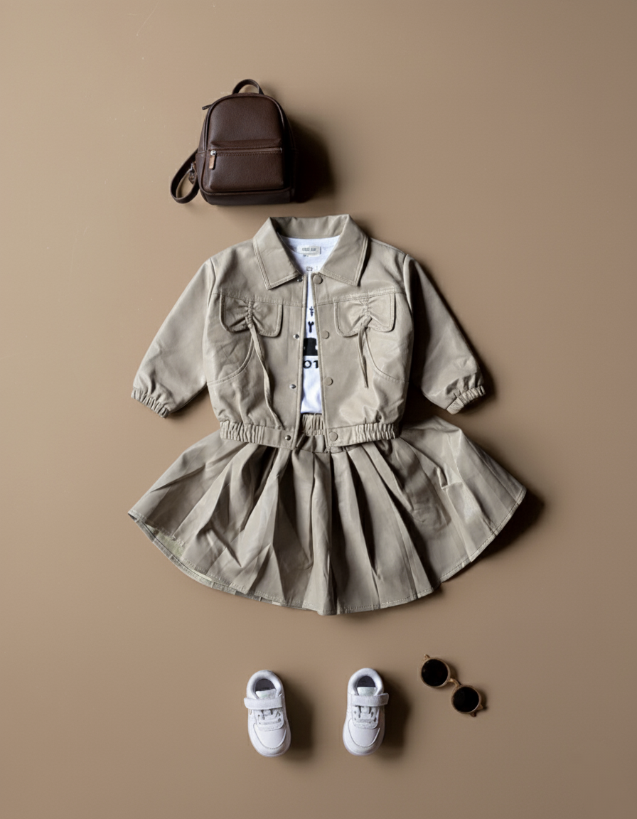 Girl's Full Sleeve Leather Jacket, Inner T Shirt with Leather Skirt Set