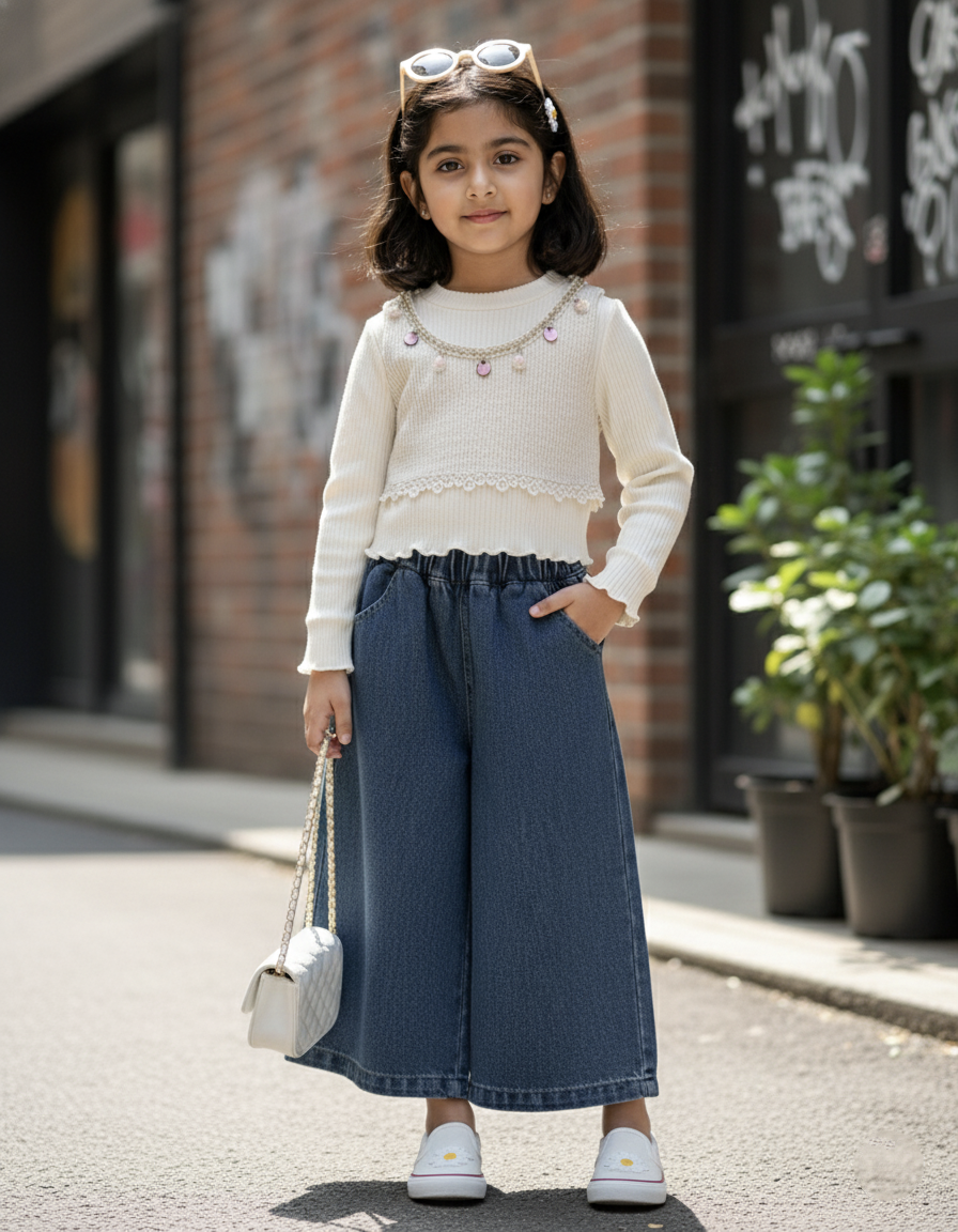 Full Sleeve T shirt, Vest and Wide Leg Denim Pant Set