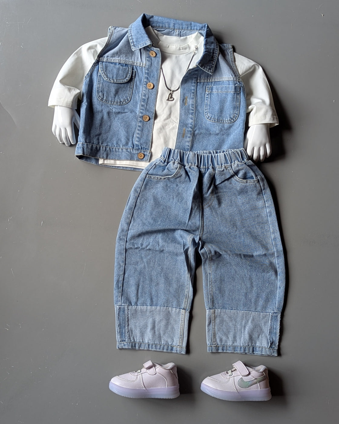 Girl's Full Sleeve T Shirt with Denim Jacket and Pant Set