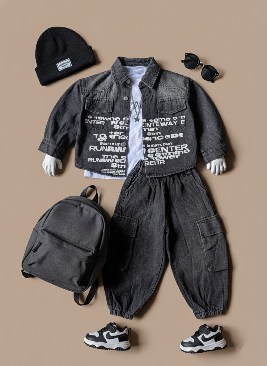 Unisex Full Sleeve Oversized Denim Jacket, Inner T Shirt with Pant Set