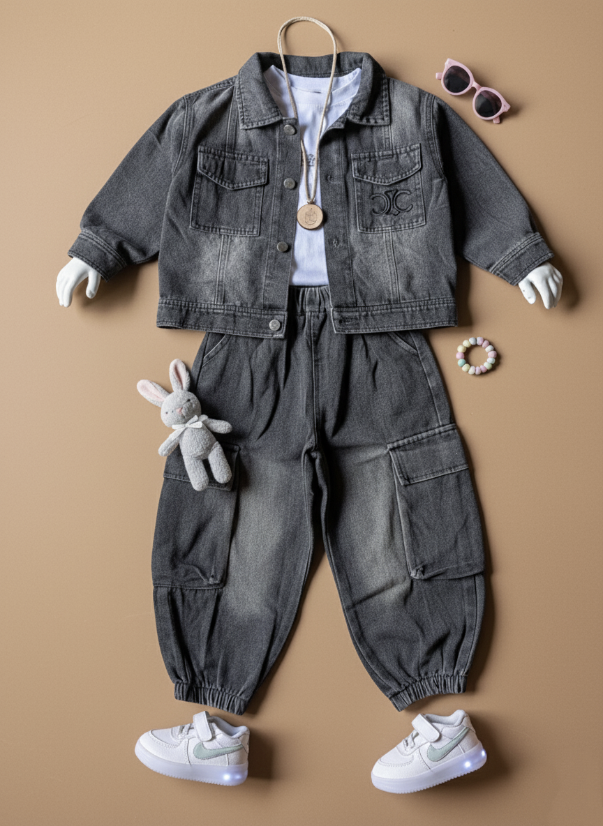 Unisex Full Sleeve Oversized Denim Jacket, Inner T Shirt and Pant Set