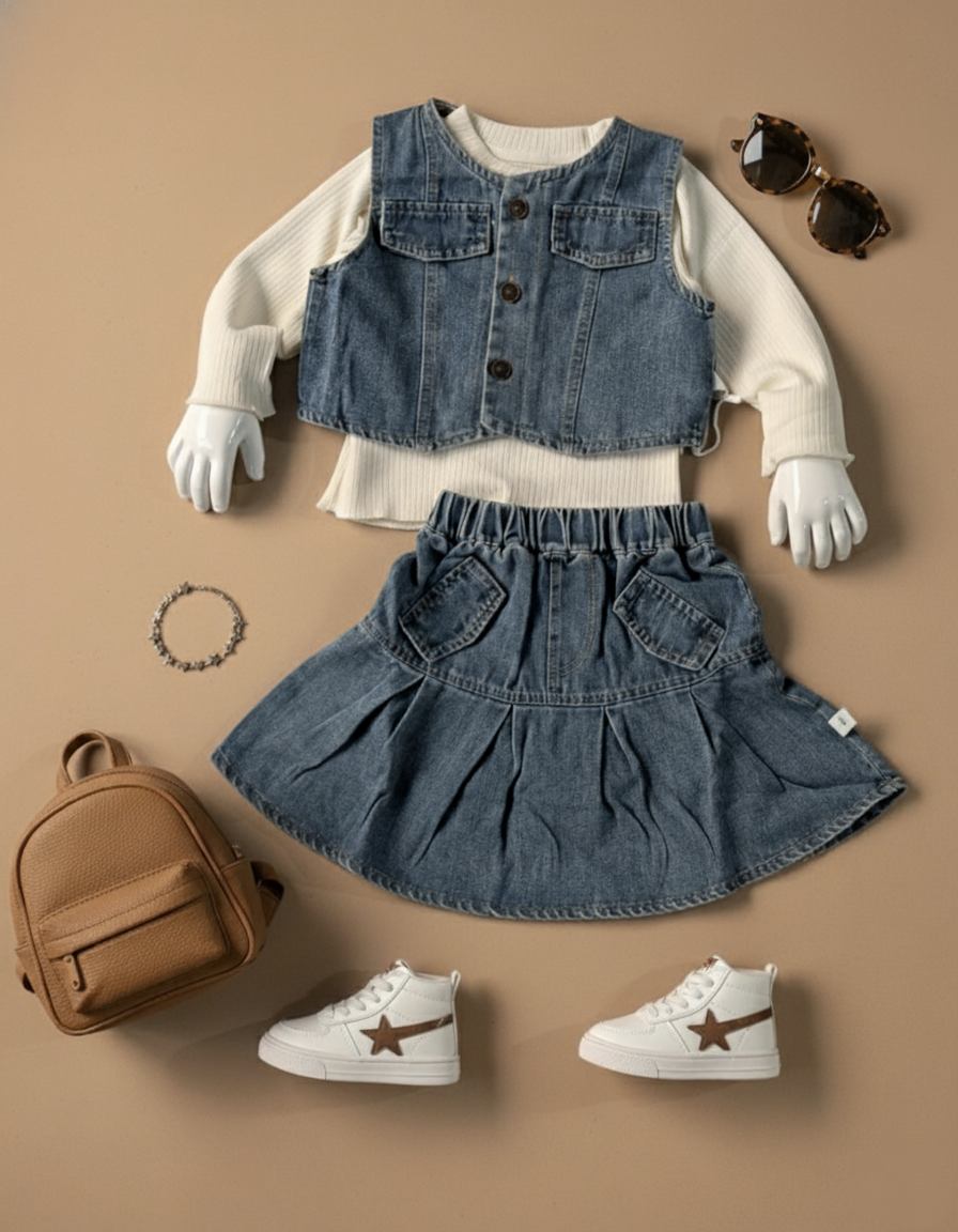 Full Sleeve Top with Denim Vest and Skirt Set