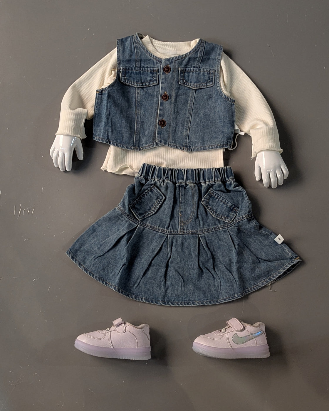 Full Sleeve Top with Denim Vest and Skirt Set