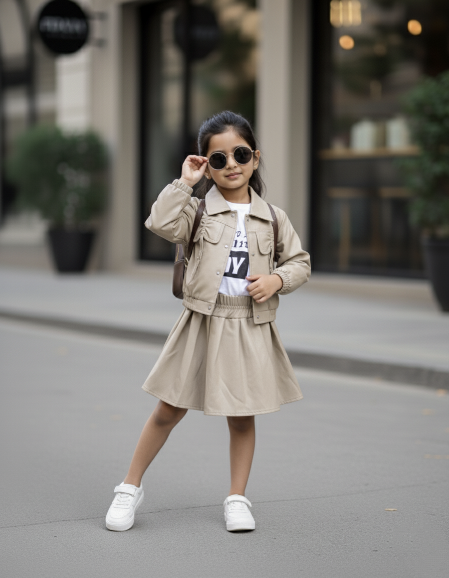 Girl's Full Sleeve Leather Jacket, Inner T Shirt with Leather Skirt Set