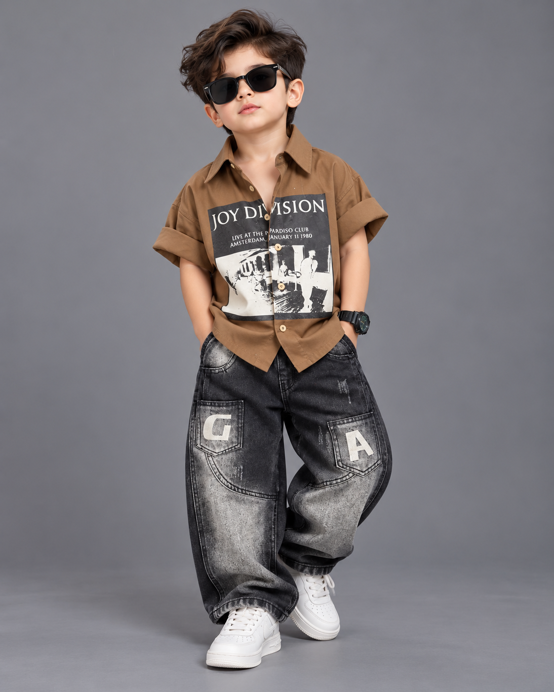 STIM164 Boys Half Sleeve Oversized Printed Shirt with Baggy Jeans