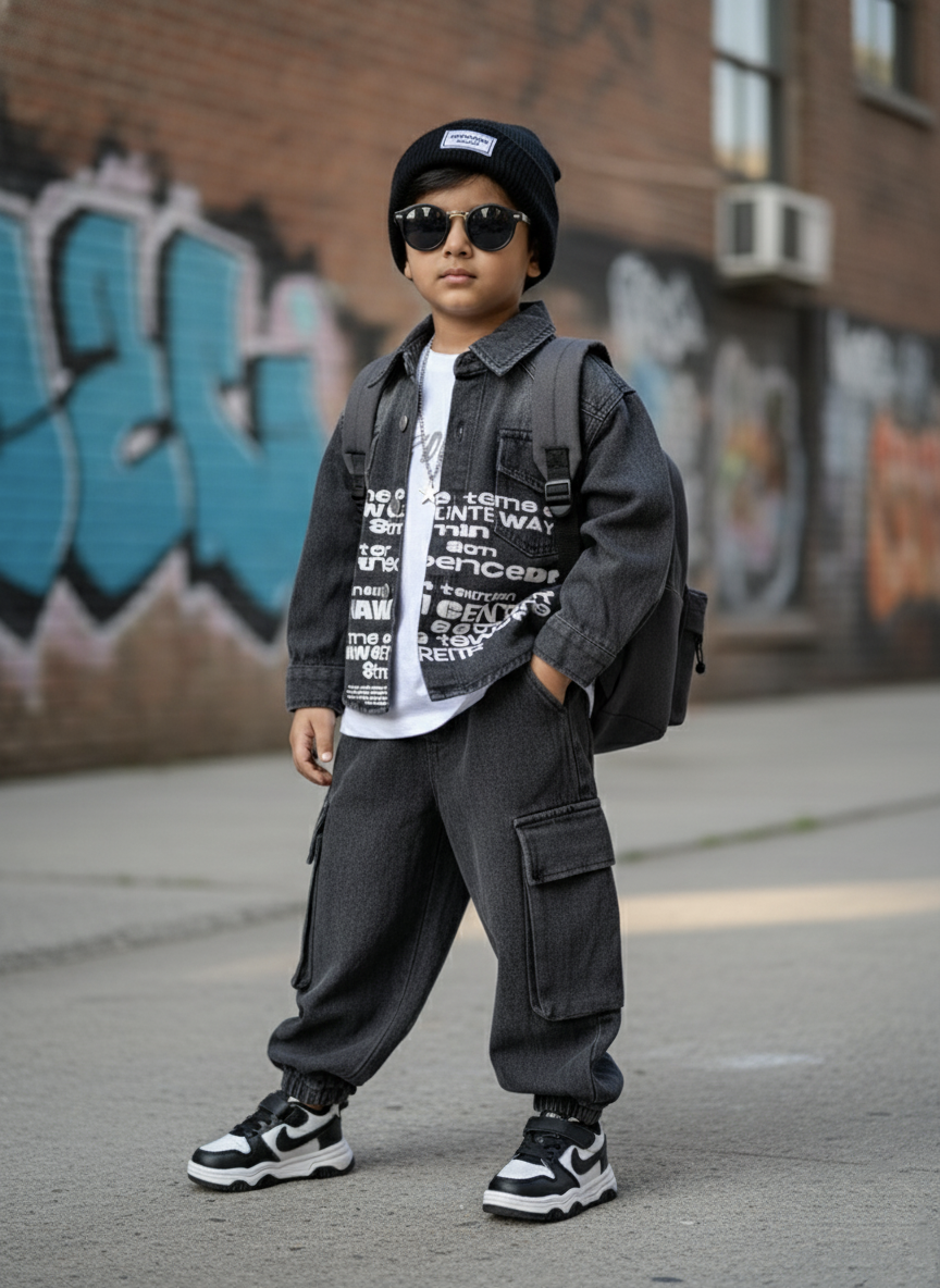 Unisex Full Sleeve Oversized Denim Jacket, Inner T Shirt with Pant Set