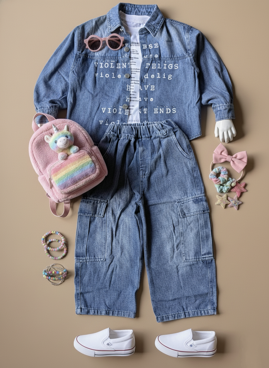 Unisex Full Sleeve Oversized Denim Jacket, Inner T Shirt and Pant Set