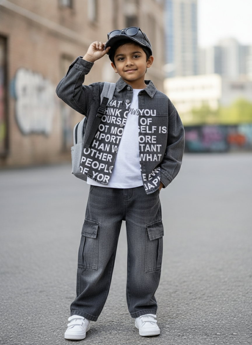 Unisex Full Sleeve Oversized Denim Jacket, Inner T Shirt and Pant Set