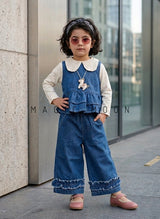 GST01 Girl's Full Sleeve Top, Denim Vest with Attached Unicorn Chain and Wide Leg Pant Set