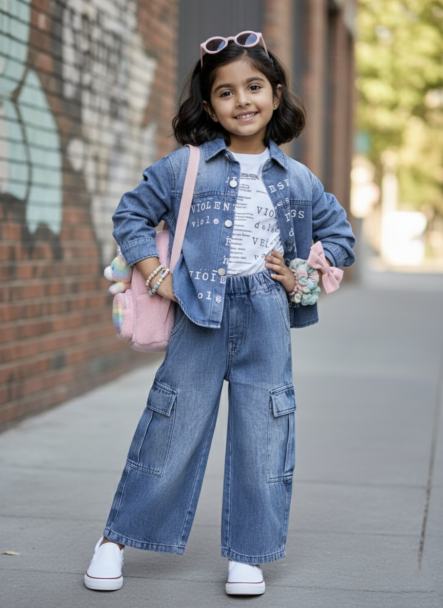 Unisex Full Sleeve Oversized Denim Jacket, Inner T Shirt and Pant Set