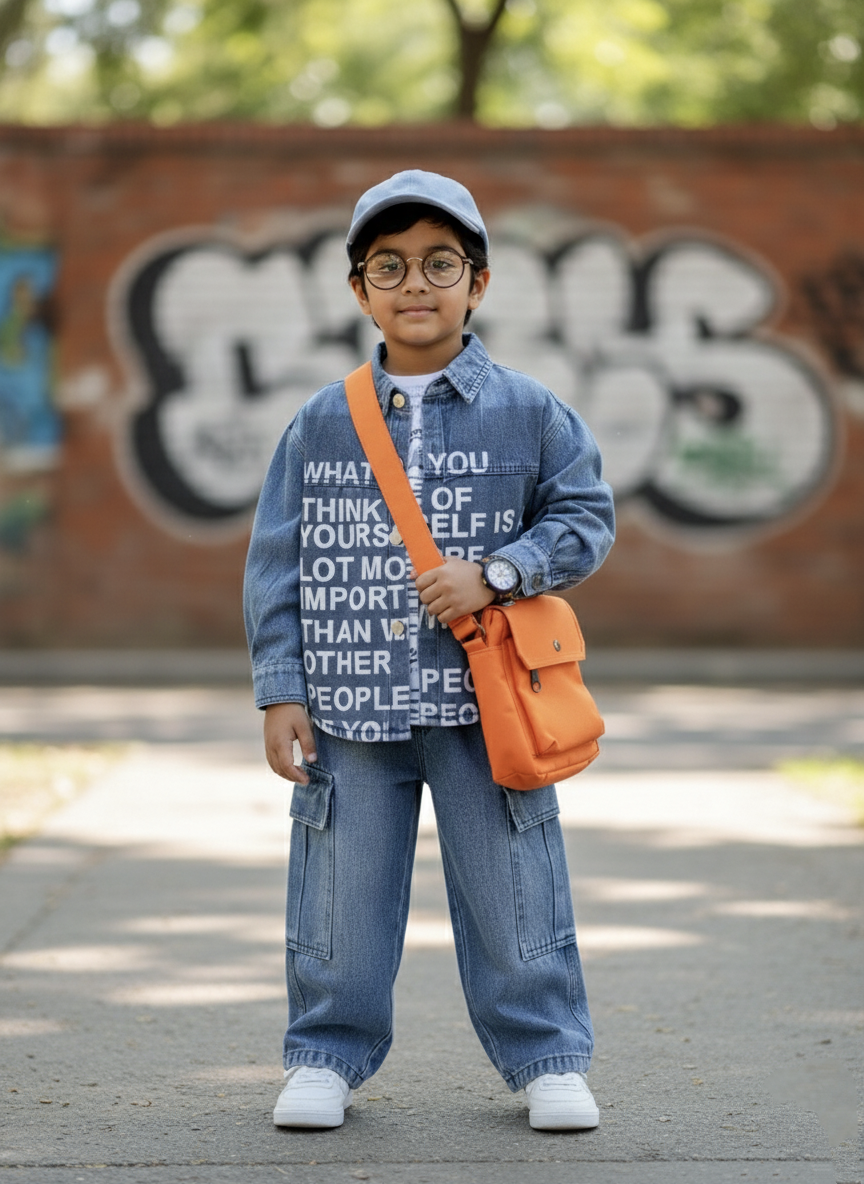 Unisex Full Sleeve Oversized Denim Jacket, Inner T Shirt and Pant Set