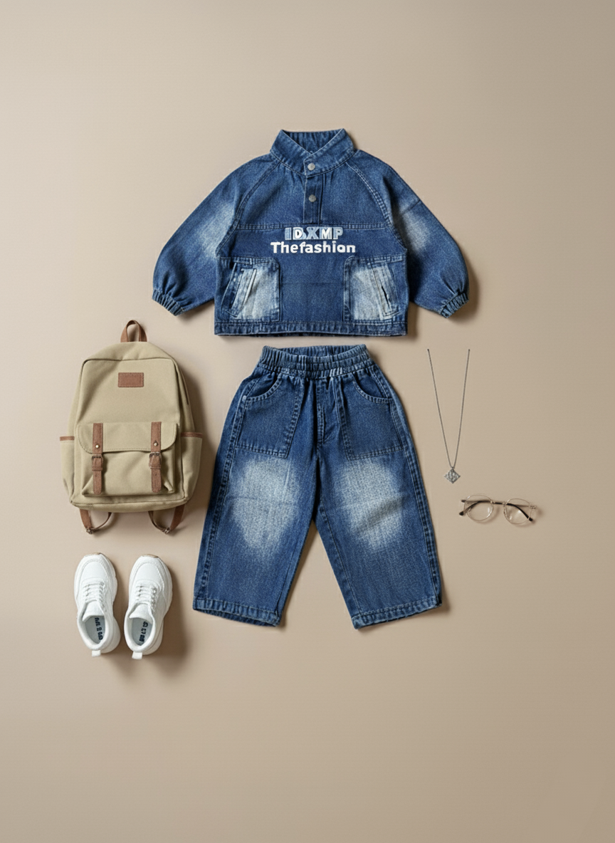Unisex Full Sleeve High Neck Denim Jacket with Pant Set