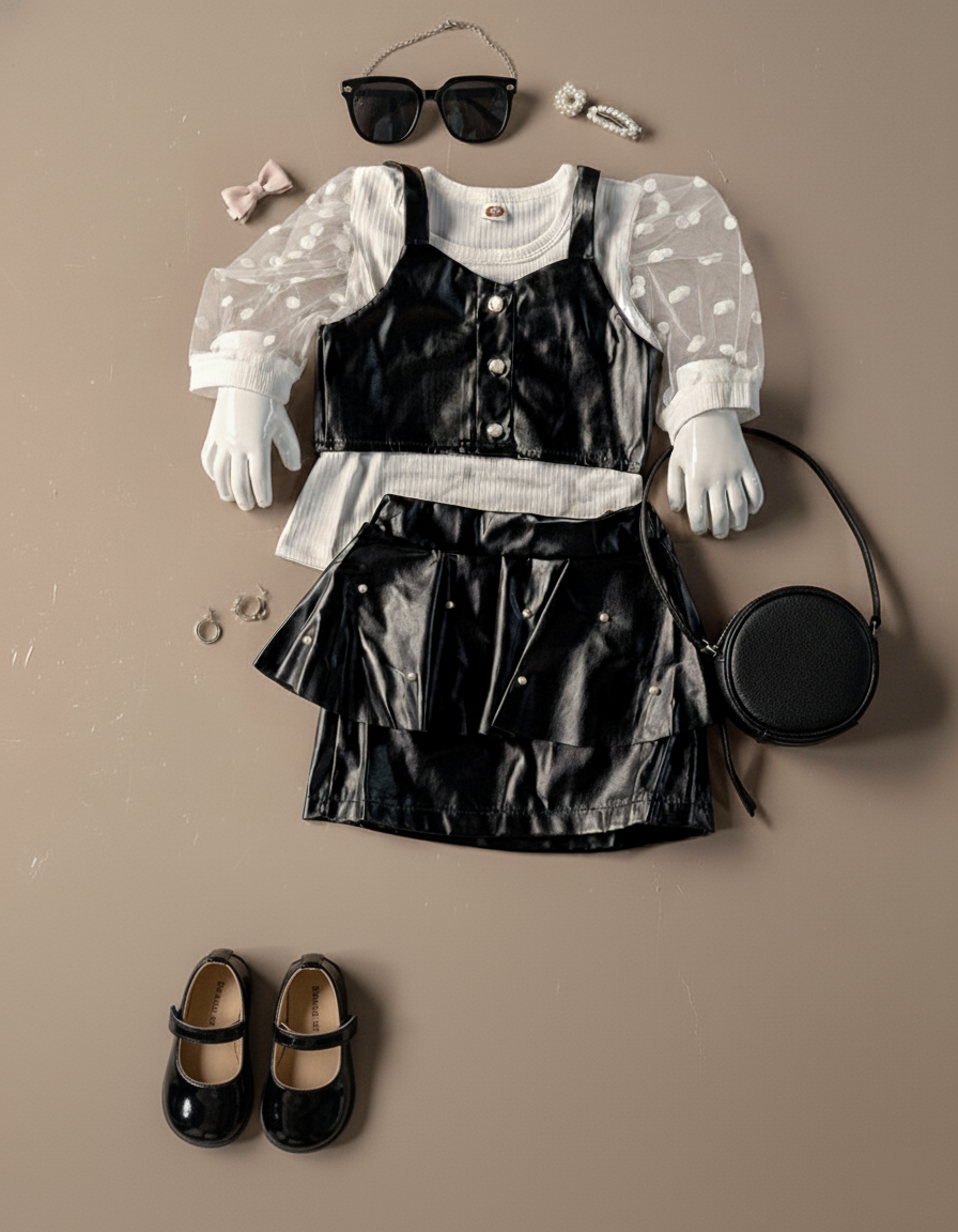 Girl's Full Sleeve Pearl Embellished Sleeve, Leather Vest and Leather Skirt Set