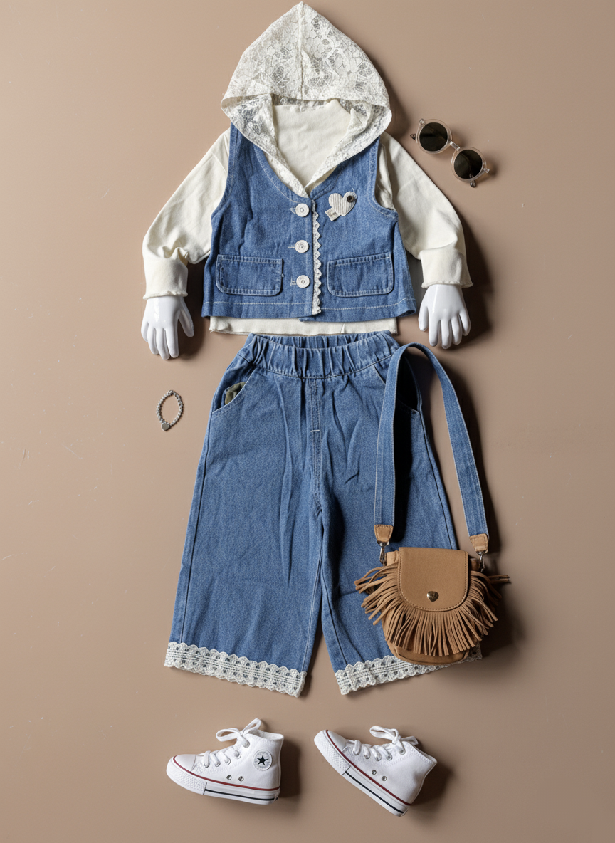 Full Sleeve Hoody, Denim Jacket with Wide Leg Pant Set