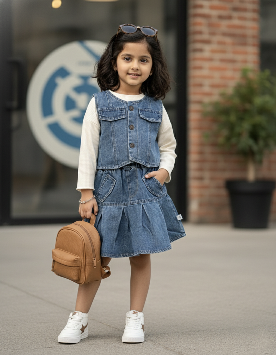 Full Sleeve Top with Denim Vest and Skirt Set