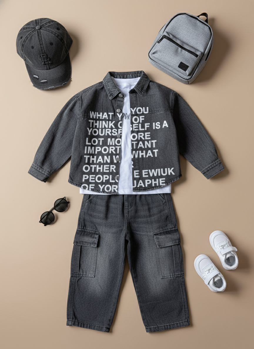 Unisex Full Sleeve Oversized Denim Jacket, Inner T Shirt and Pant Set