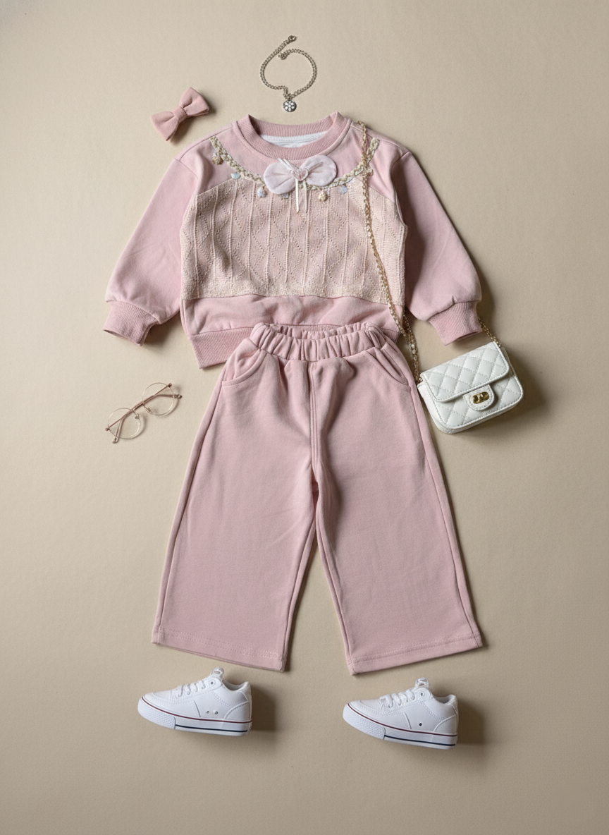 Girl's Full Sleeve Oversized T Shirt with Wide Leg Pant Set