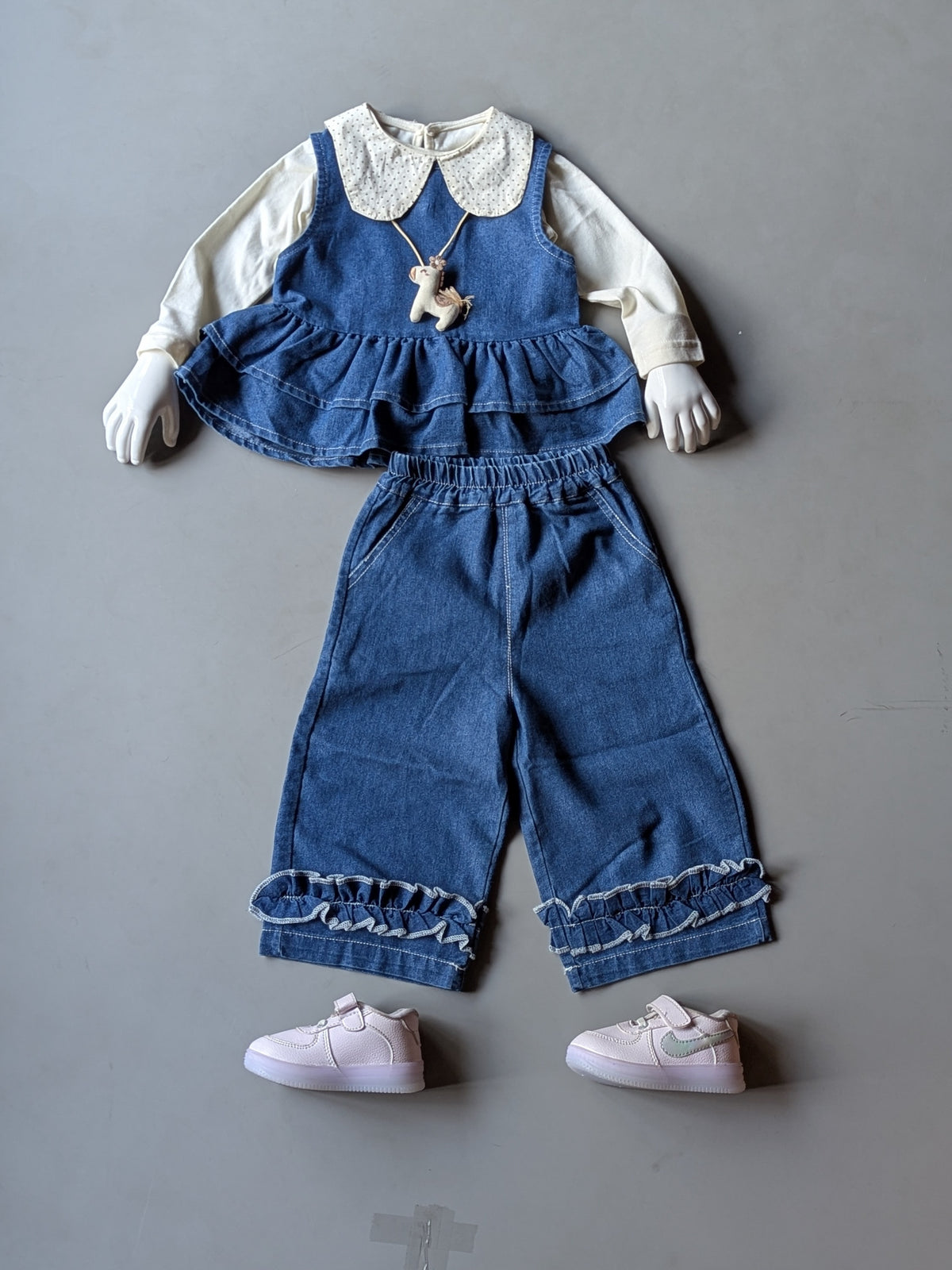GST01 Girl's Full Sleeve Top, Denim Vest with Attached Unicorn Chain and Wide Leg Pant Set