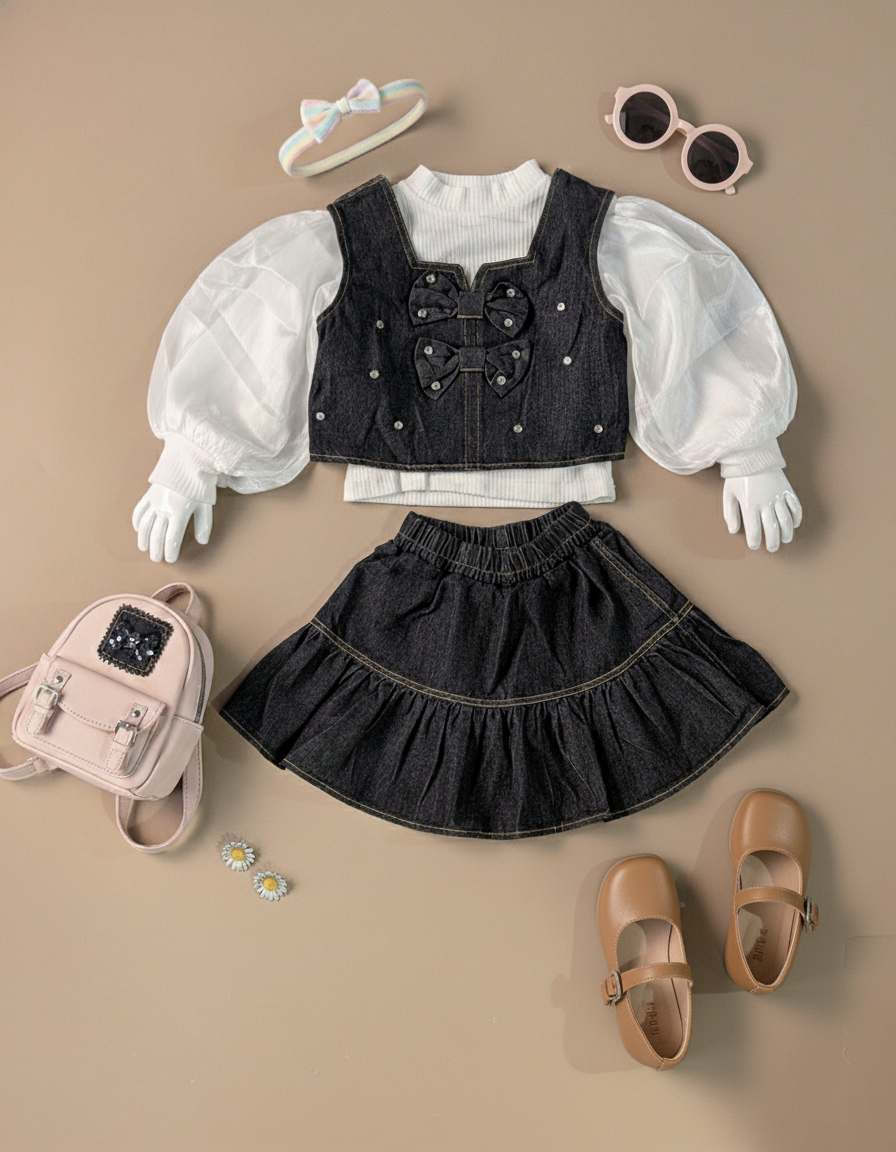 Girl's Puffed Full Sleeve Inner, Denim Like Vest and Skirt Set