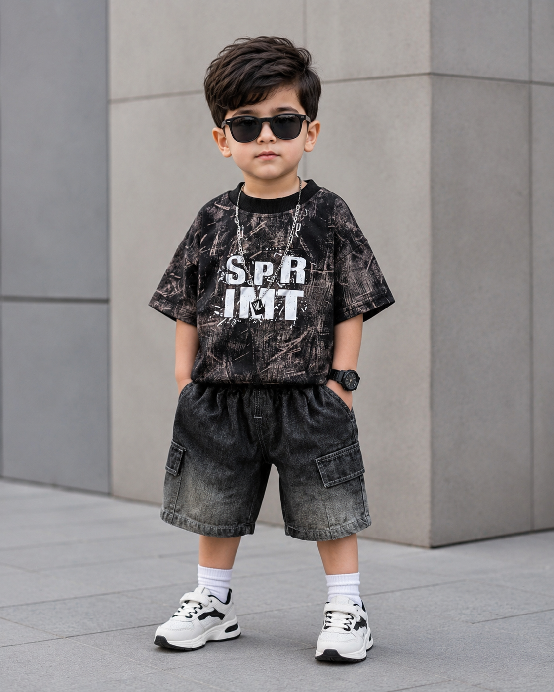 ST107 Unisex Half Sleeve Oversized T Shirt with Attached Chain and Shorts Set