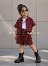 GST02 Girls Half Sleeve Oversized Shirt with Inner T Shirt and Shorts Set