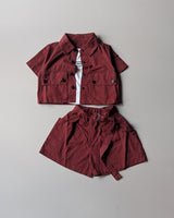 GST02 Girls Half Sleeve Oversized Shirt with Inner T Shirt and Shorts Set