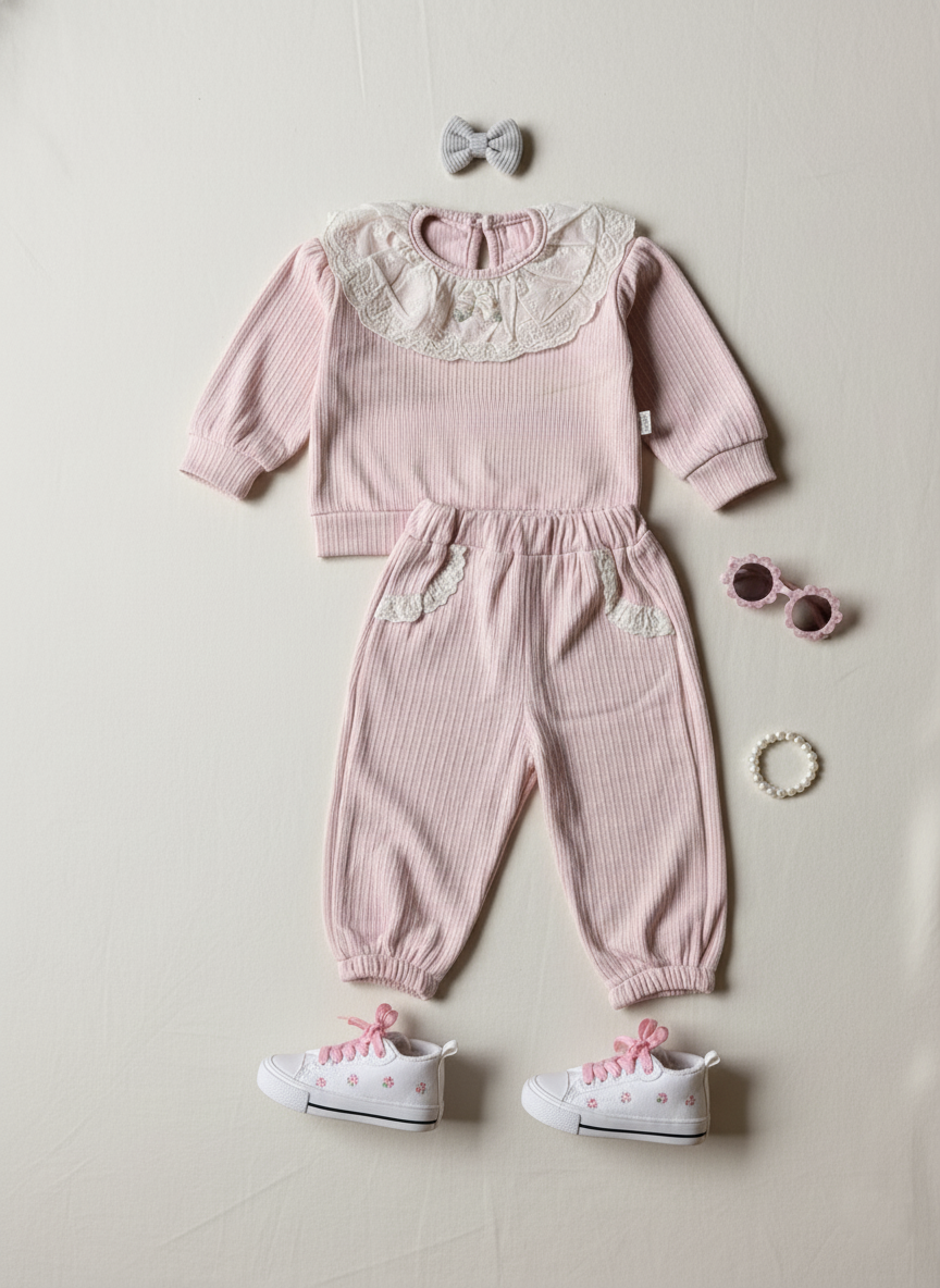 Girl's Full Sleeve Peter Pan Collar T Shirt and Pant Set