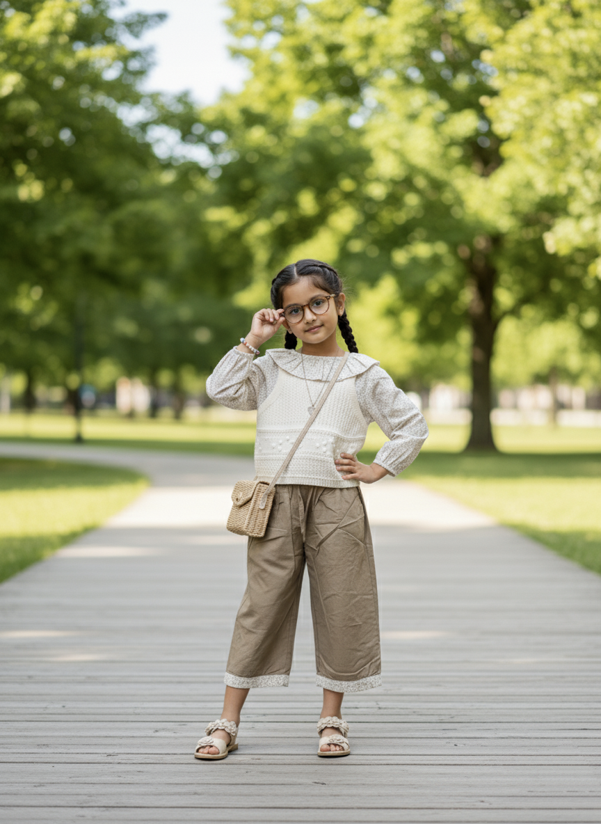 Girl's Full Sleeve Peter Pan Collar Shirt, Knitted Vest and Wide Leg Pant Set