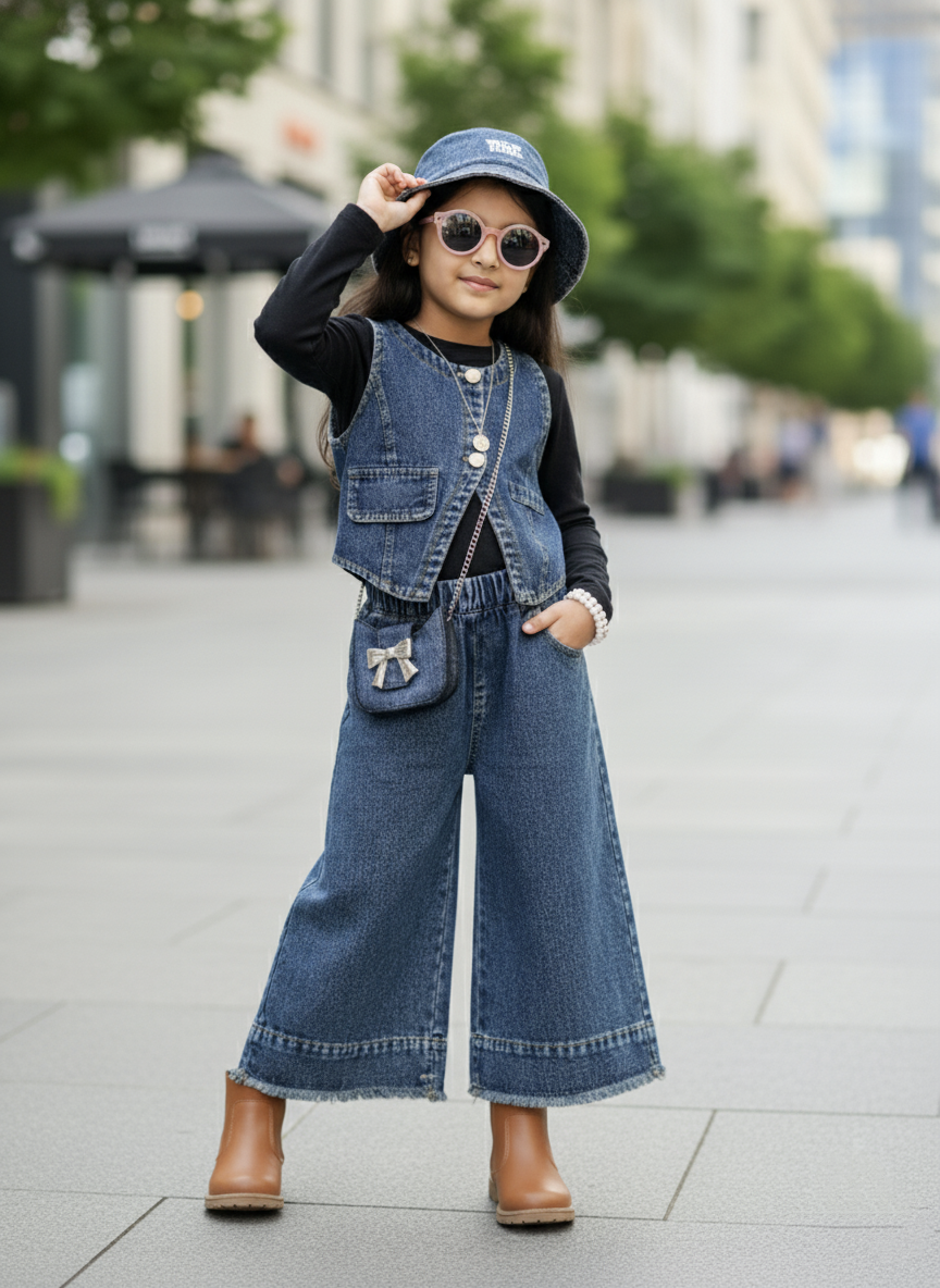 Full Sleeve Inner T Shirt, Denim Vest and Wide Leg Pant  with Bag Set