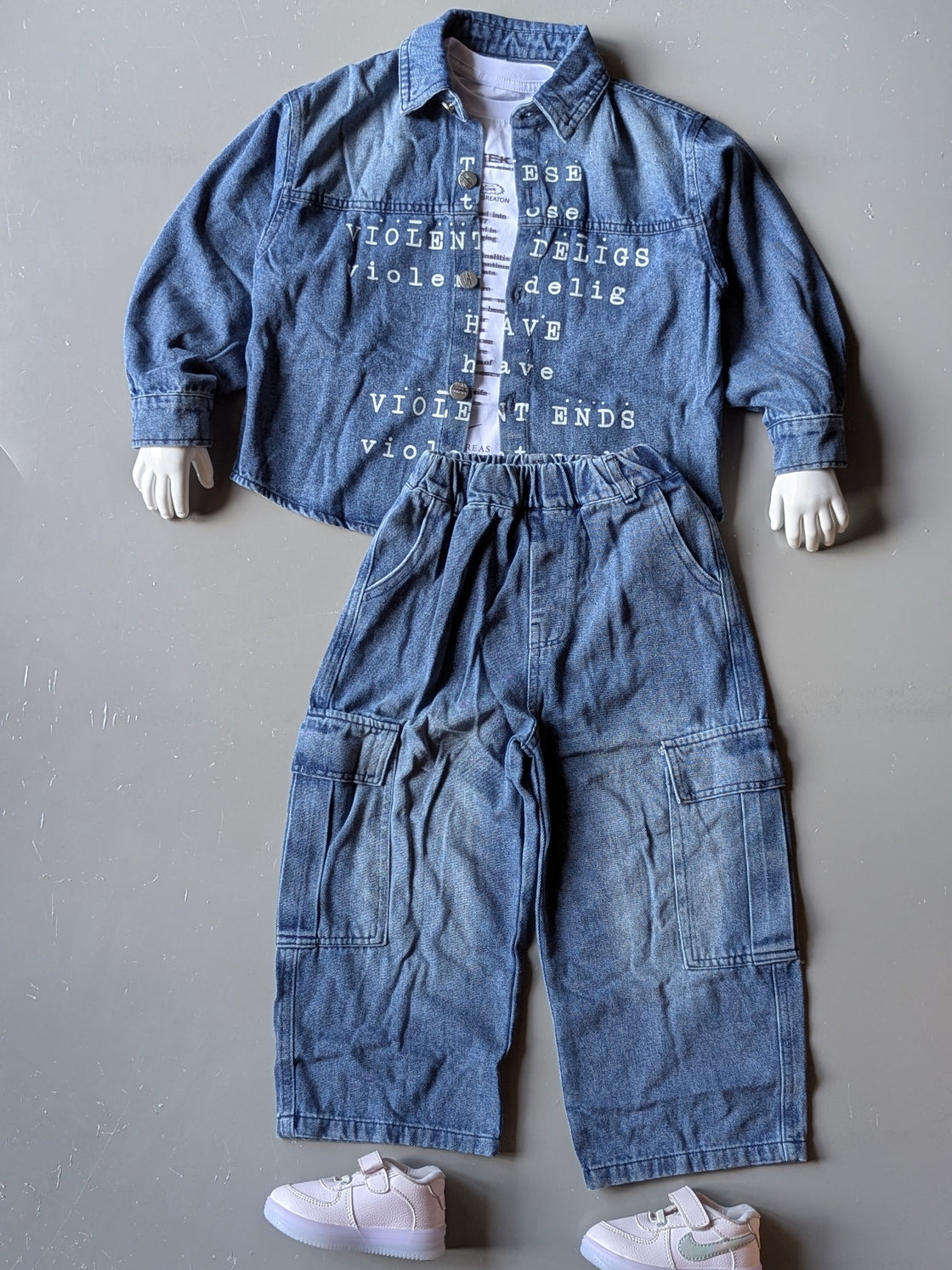 Unisex Full Sleeve Oversized Denim Jacket, Inner T Shirt and Pant Set
