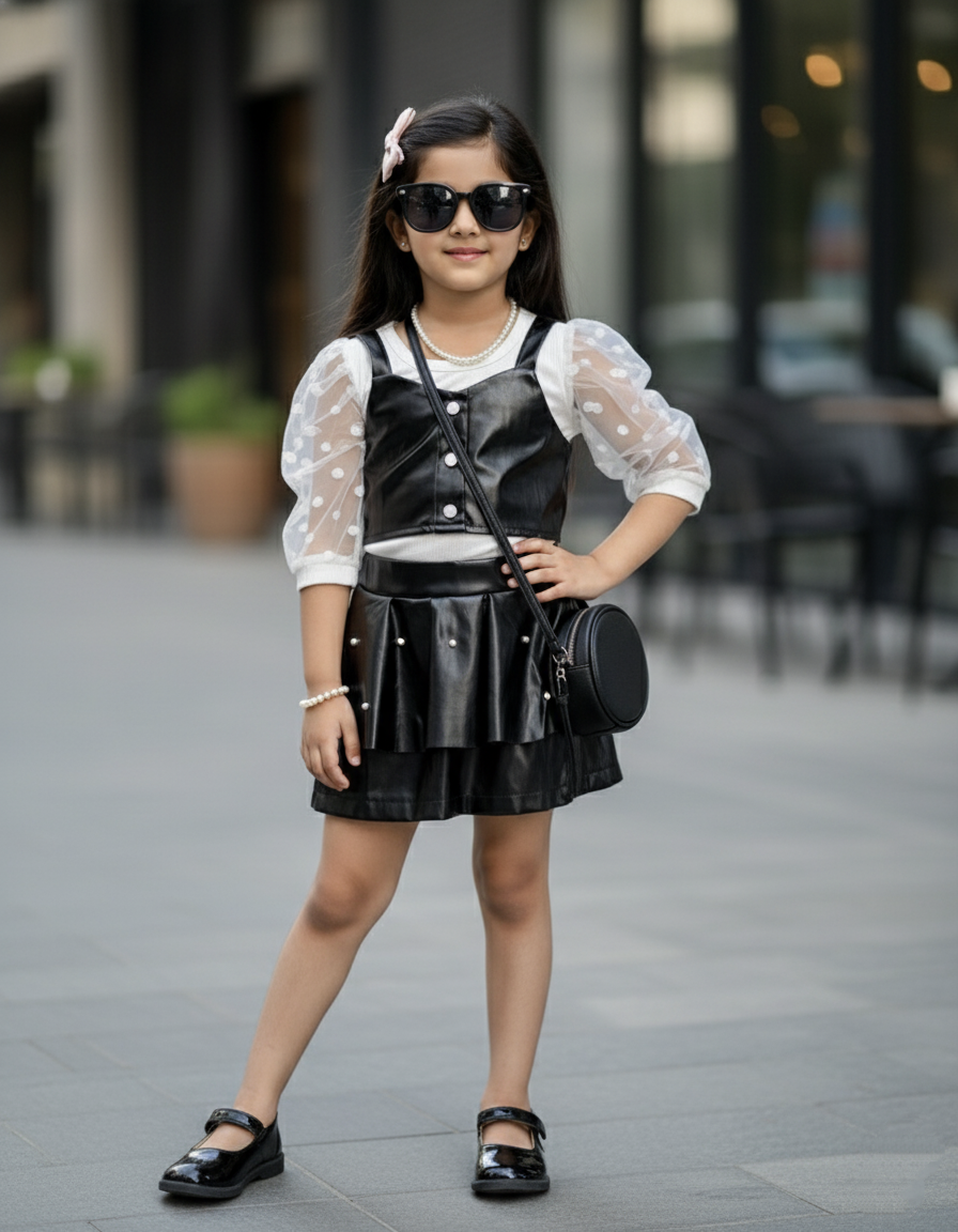 Girl's Full Sleeve Pearl Embellished Sleeve, Leather Vest and Leather Skirt Set