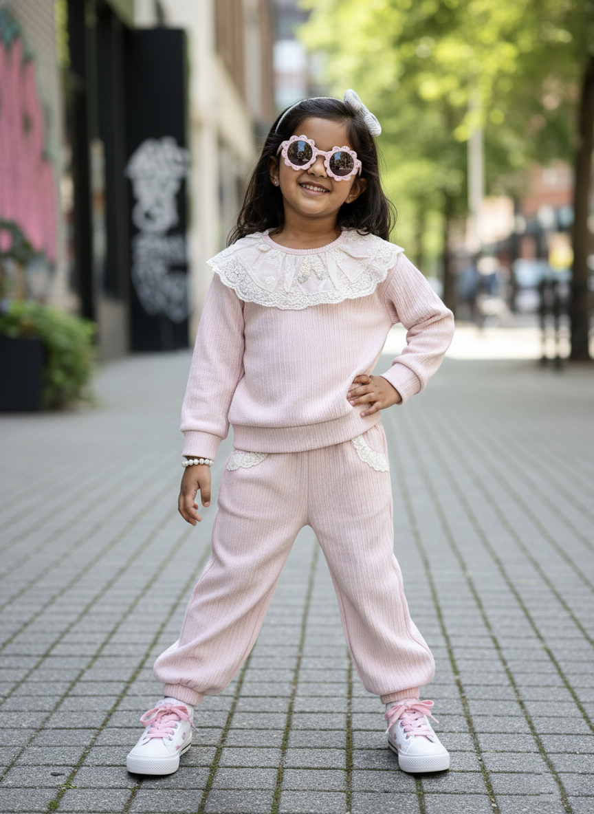 Girl's Full Sleeve Peter Pan Collar T Shirt and Pant Set