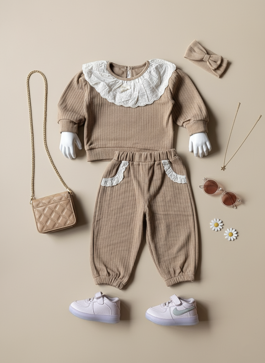 Girl's Full Sleeve Peter Pan Collar T Shirt with Pant Set