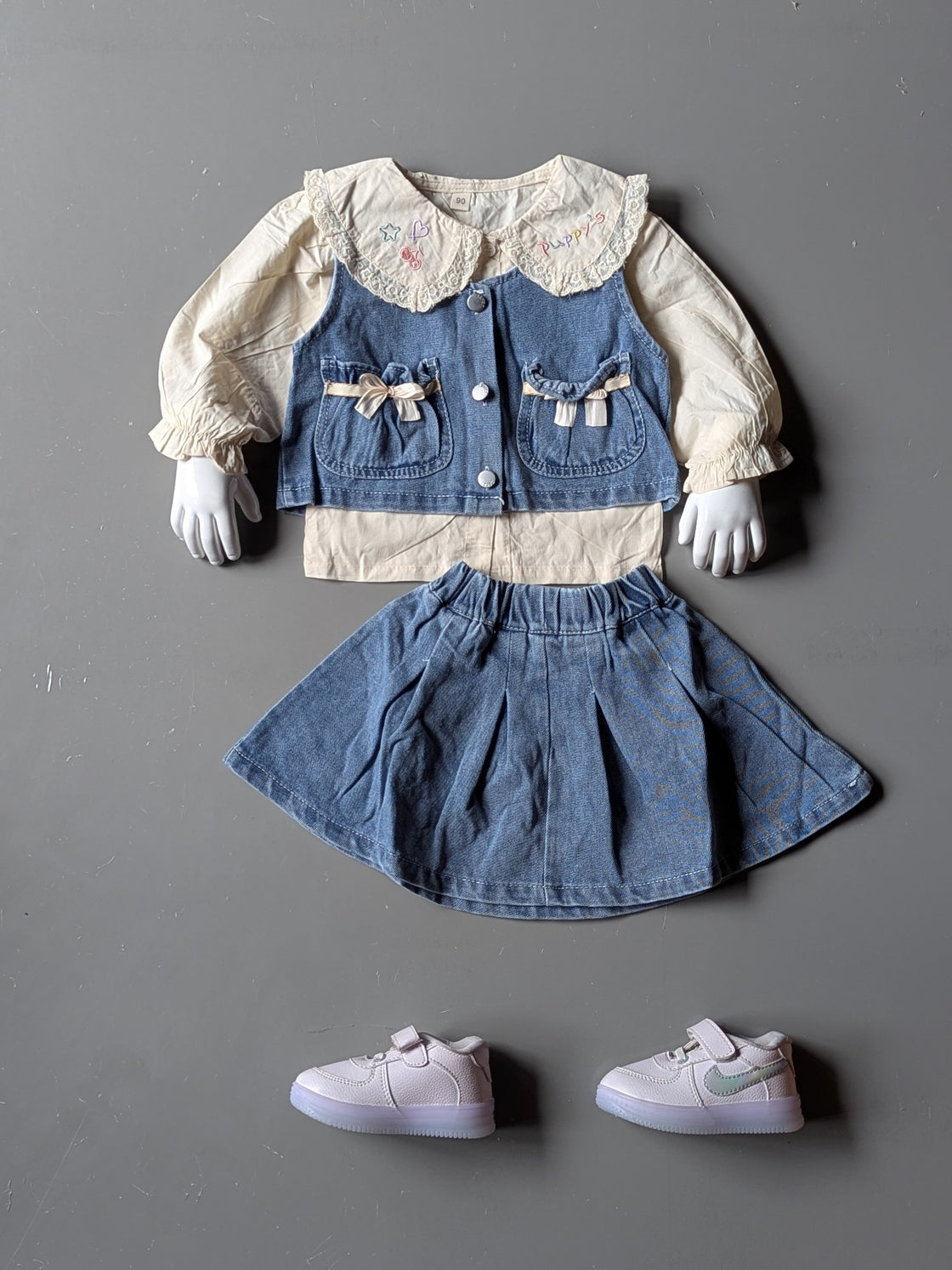 Full Sleeve Peter Pan T shirt, Denim Vest and Skirt Set