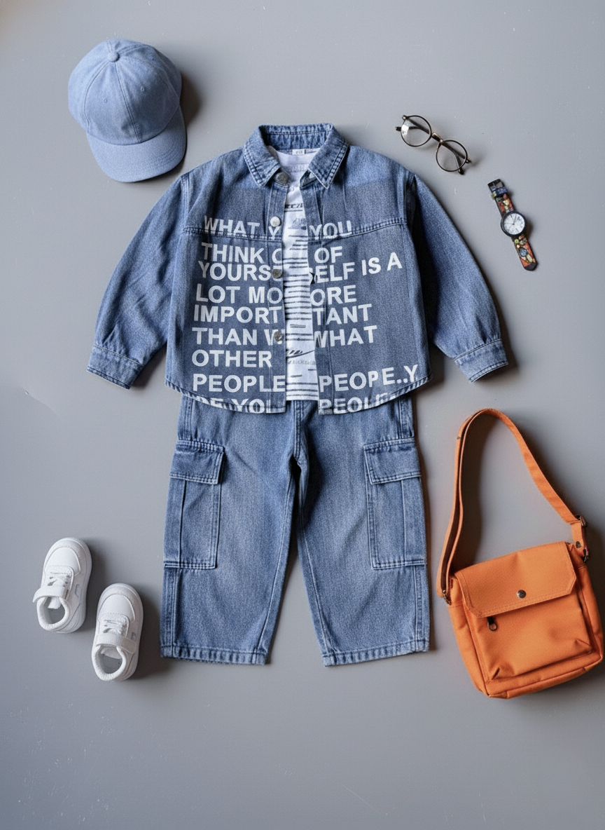 Unisex Full Sleeve Oversized Denim Jacket, Inner T Shirt and Pant Set