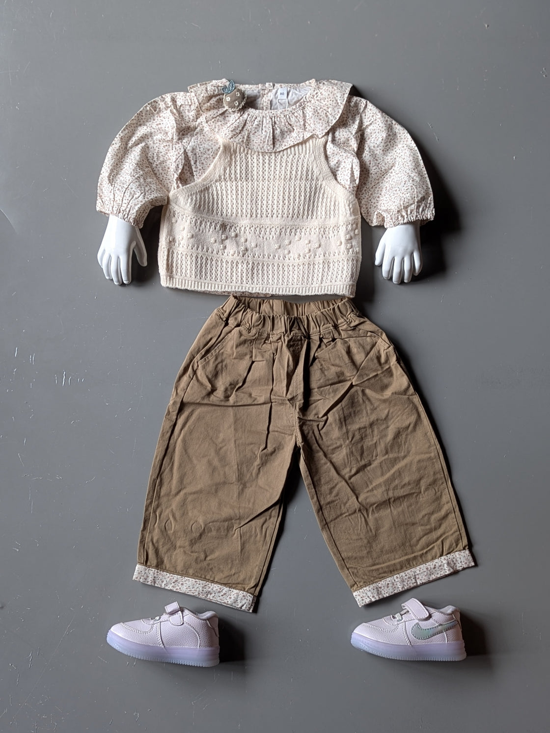 Girl's Full Sleeve Peter Pan Collar Shirt, Knitted Vest and Wide Leg Pant Set