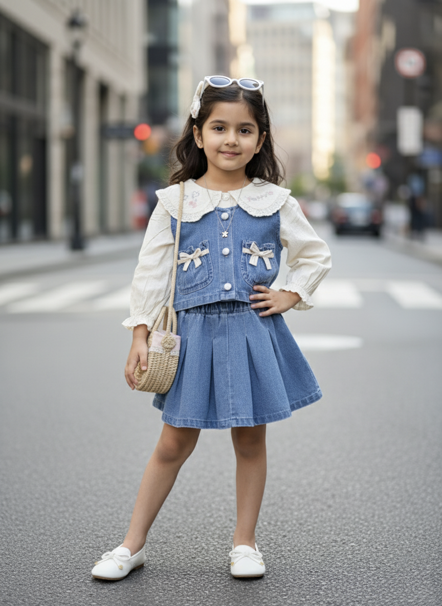 Full Sleeve Peter Pan T shirt, Denim Vest and Skirt Set
