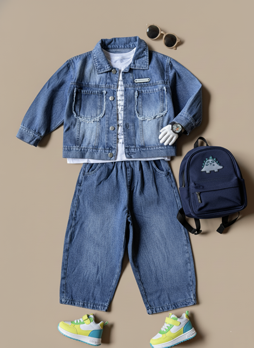 Unisex Full Sleeve Denim Jacket, Inner T Shirt and Pant Set