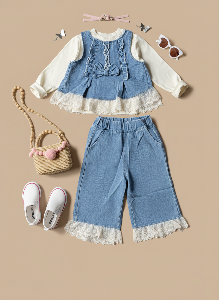 Full Sleeve T Shirt with Denim Vest and Pant Set