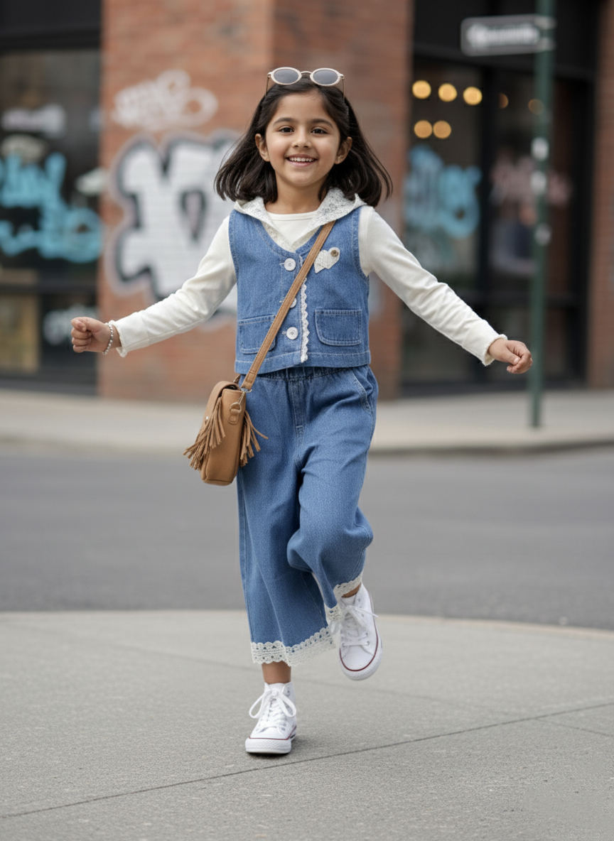 Full Sleeve Hoody, Denim Jacket with Wide Leg Pant Set