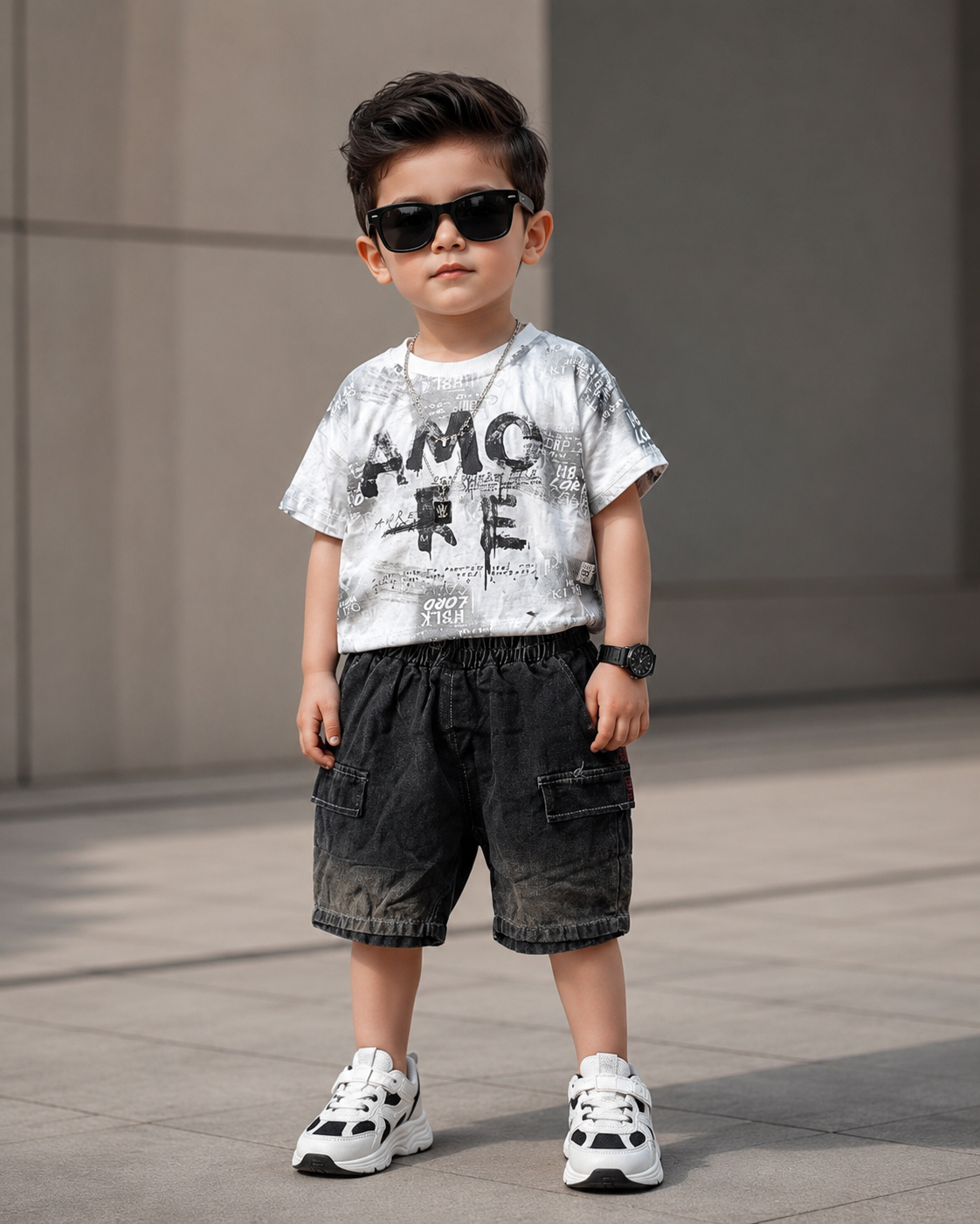 ST107 Unisex Half Sleeve Oversized T Shirt with Attached Chain and Shorts Set